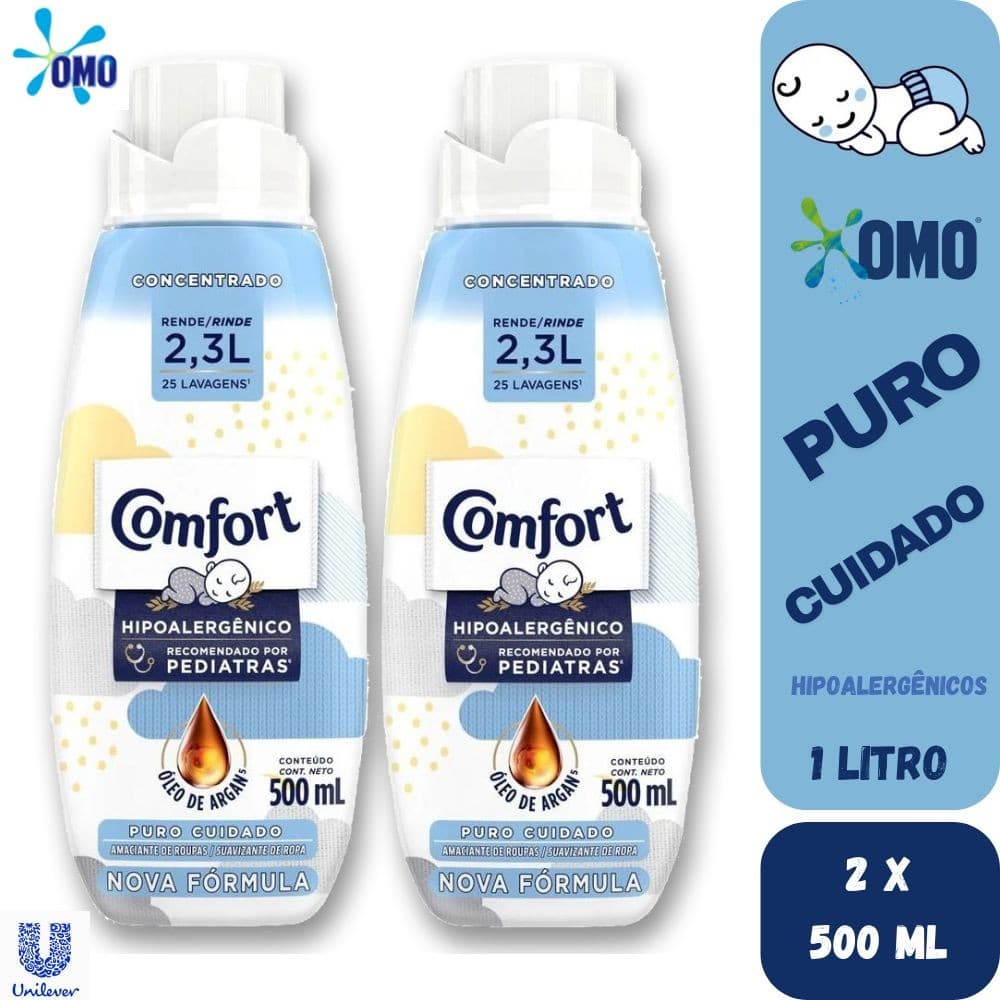 Kit 2 Amaciante Concentrado Comfort hipoalergênico Roupas Finas de Bebê Puro Cuidado 500ML