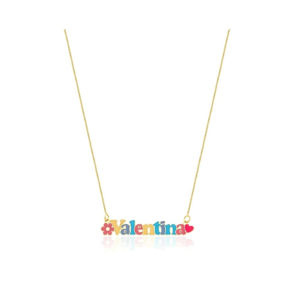 Colar Personalizado Infantil Nome Feminino Colorido  Coração e Flor Banhado Prata 925 e Ouro 18k