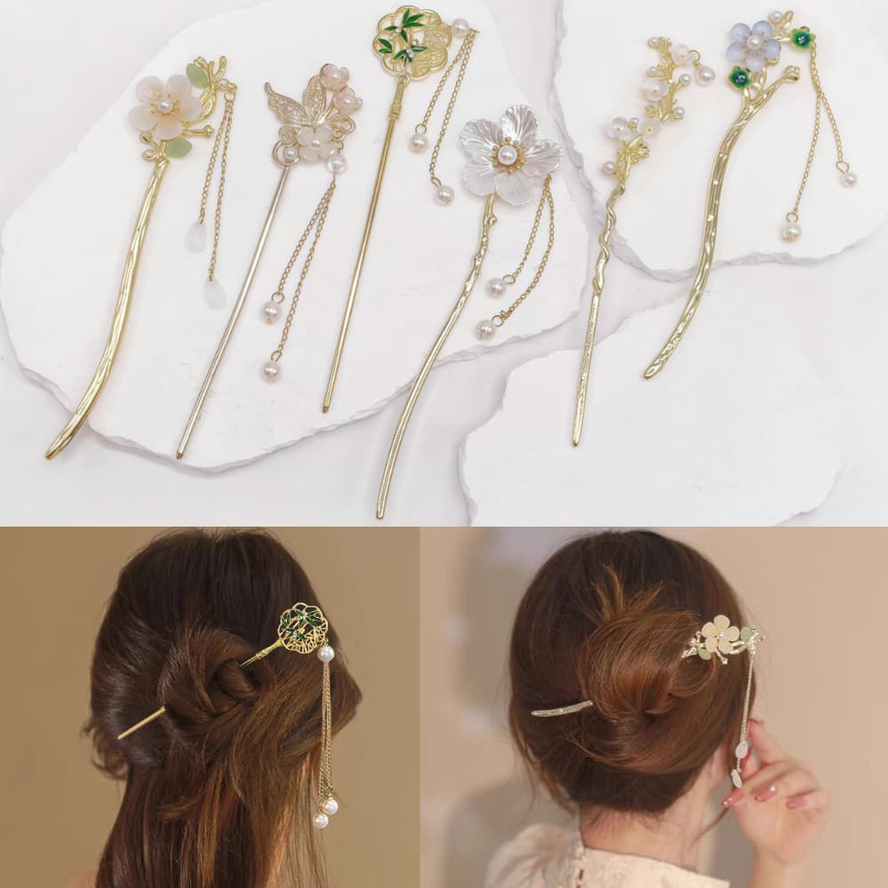 Kit 1/6 Pçs Palito Dourado Grampo De Cabelo/Pearl Tassel Estilo Chinês  Moderno Temperamento Flor Simples