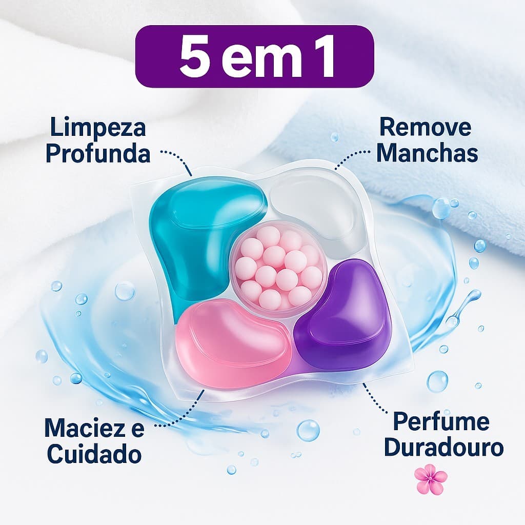 Detergente 5 em 1 Cápsulas de Lavagem 12unidade  Lava Roupas  Remove Manchas  Protege Cores  Dissolve em Água Fria