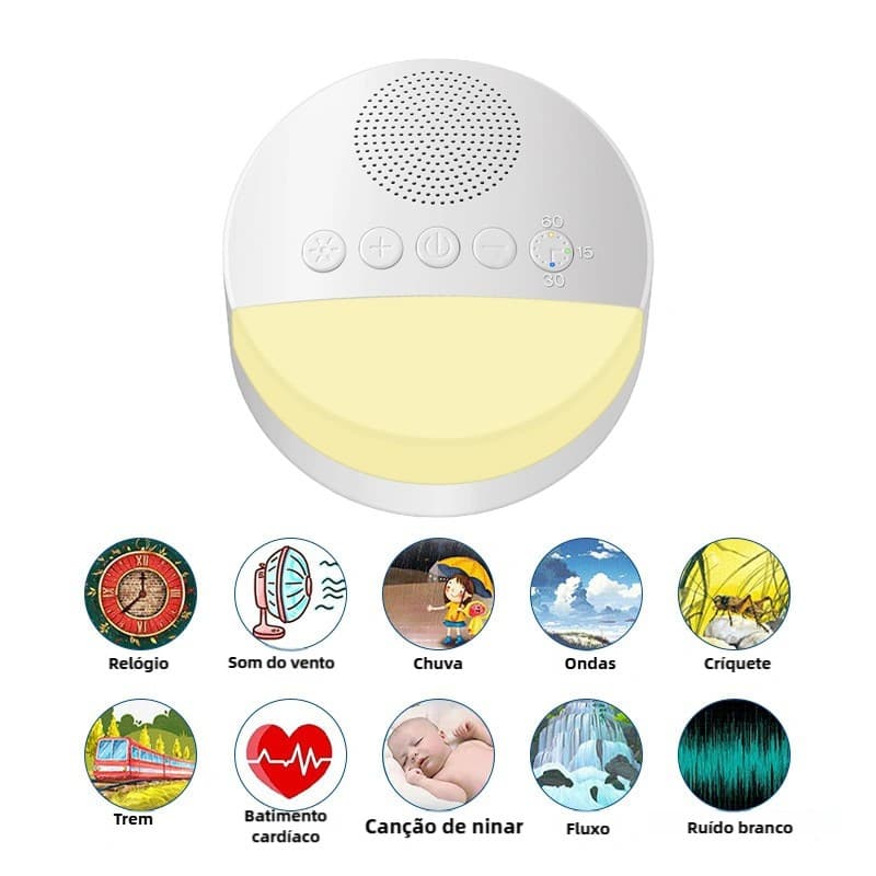 Reprodutor Portátil de Som de Sono para Crianças Música e Ruído Branco Dispositivo Auxiliar de Sono com Música e Luz