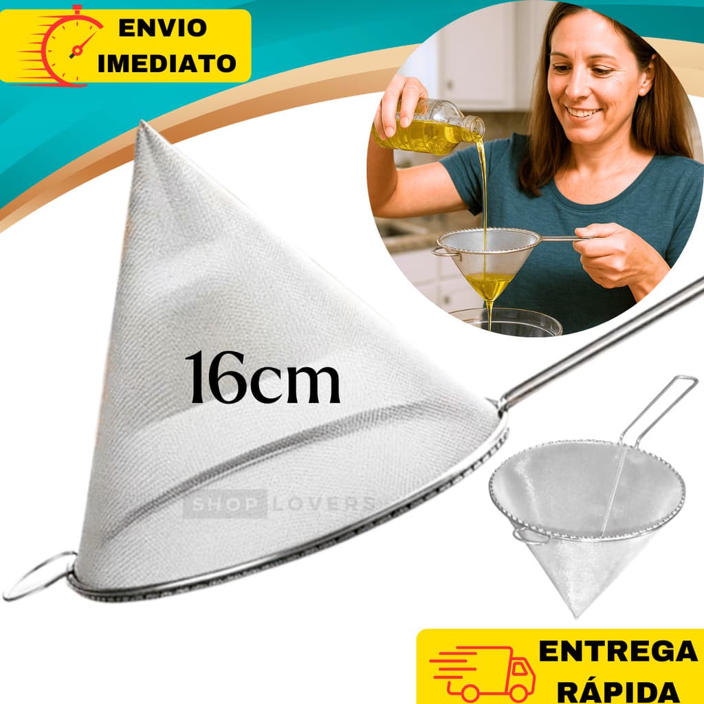 Coador Filtro de Óleo Multiuso Cônico 16/12Cm Aço Inox Ultrafino Ideal Café, Chá Filtragem de Óleo