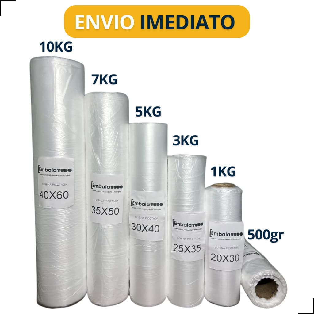 Bobina Picotada Fundo Reto com 500 Sacos Plástico Diversos Tamanhos Transparente para Alimento