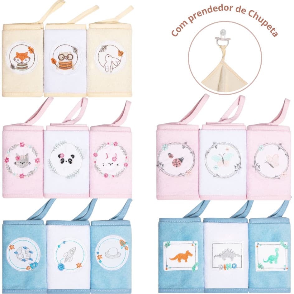 Paninho de Boca Atoalhado bordado Karinho com prendedor de chupeta menina menino kit 3 babete fraldinha