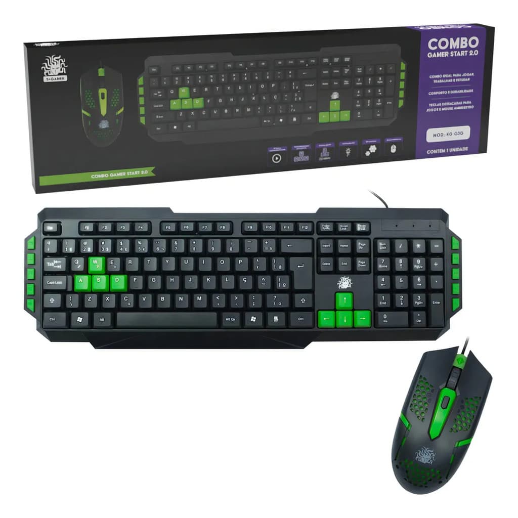 🔥 Combo Gamer Teclado + Mouse Start 2.0 USB LED ABNT2 Ergonômico PC Notebook Cor Verde