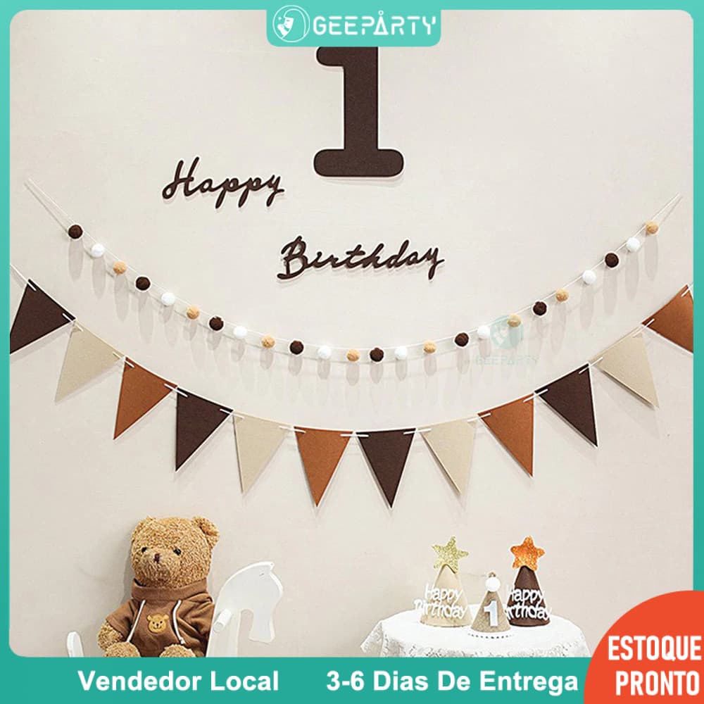 GeeParty Retro Marrom Café Feliz Aniversário Bandeira Banner Carta De Feltro Número De Decorações De Festa