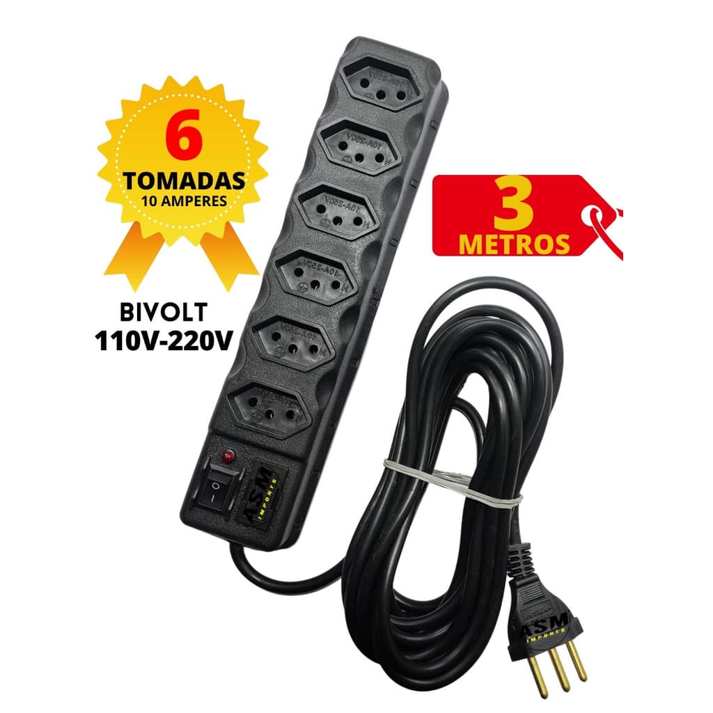 Filtro de Linha Régua 6,  5, 4 e 3 Tomadas + 3 Metros de fio Fusível 110v-220v VOLTINO