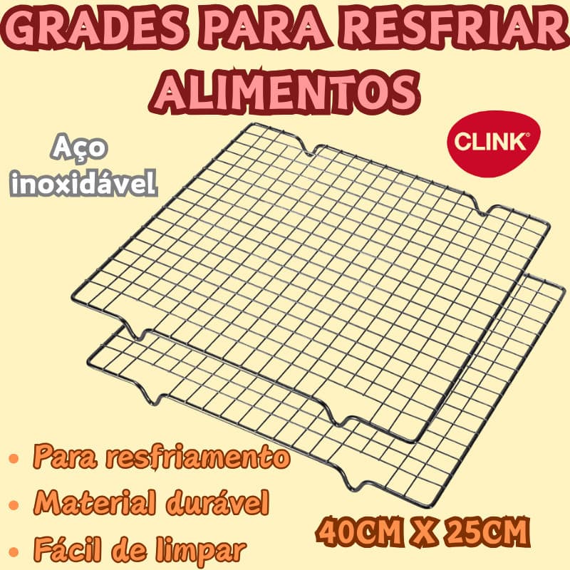 Kit 2 Ou 1 Peça Clink Grades  Aço Inoxidável 40x25cm para Resfriar Alimentos Antiaderente Biscoitos