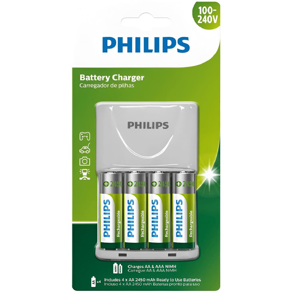 Carregador de Pilhas Philips com 4 Pilhas AA Recarregáveis 2450mAh SCB2445NB (Bivolt)