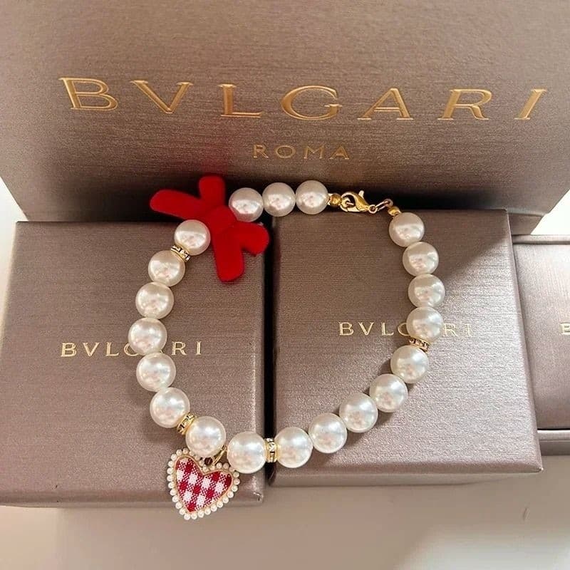 Colar Pet P Vermelho com Pérola e Coração Vintage com Laço de Veludo Para Cachorro e Gato
