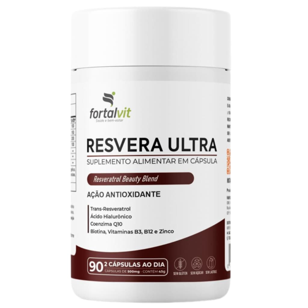 RESVERA ULTRA Trans-resveratrol Ácido Hialurônico Biotina Coenzima Q10 Vitaminas B3 B12 e Zinco 90 Cápsulas Fortalvit