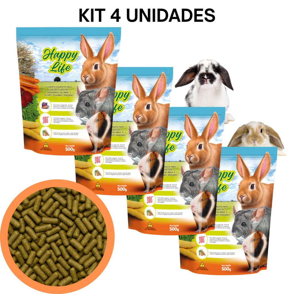 Kit 4 un - Ração para Coelho, Chinchila e Porquinho da Índia Happy Life Premium 500g