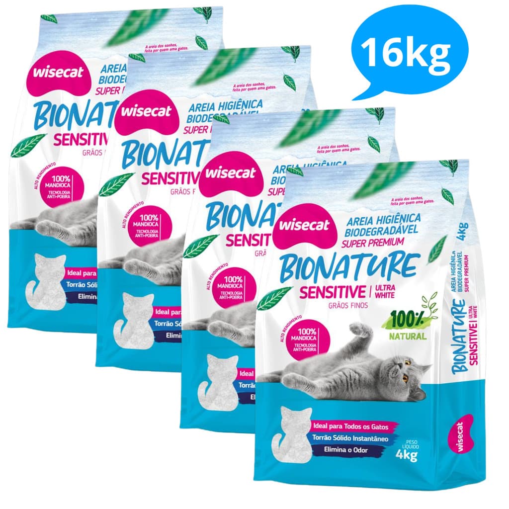 Kit 4 Areia Sanitária De Mandioca Grãos Finos Para Gatos Biodegradável Wisecat 16kg