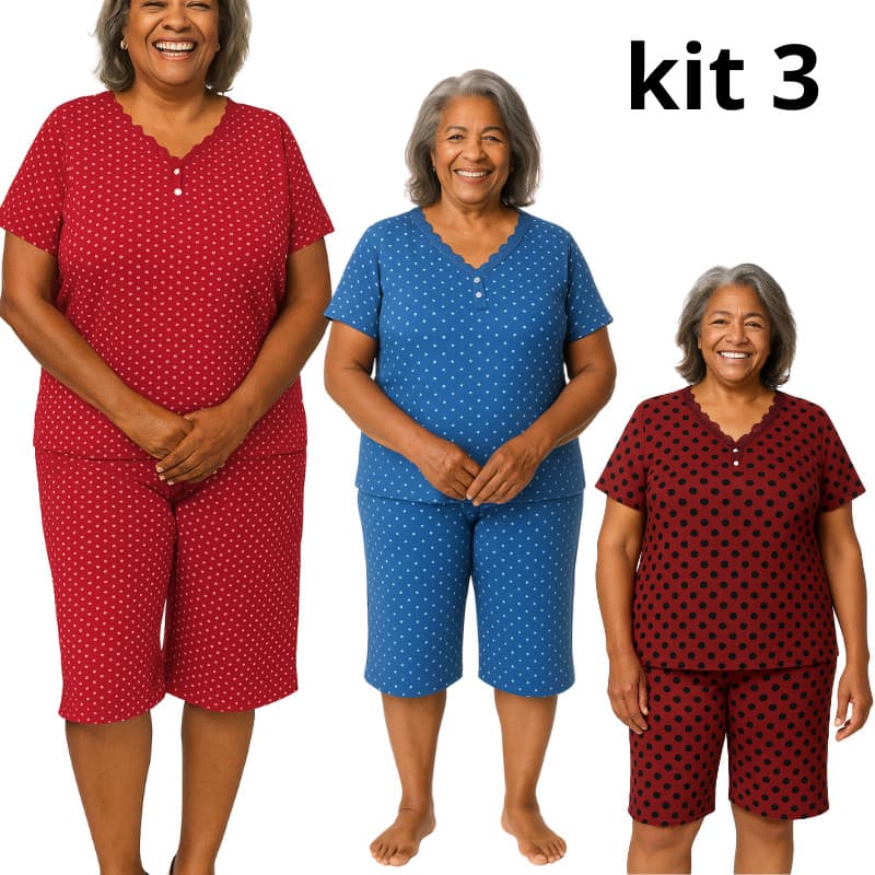 Kit 3 Pijamas Manguinha e bermuda de Senhora Estampada composta malha fria