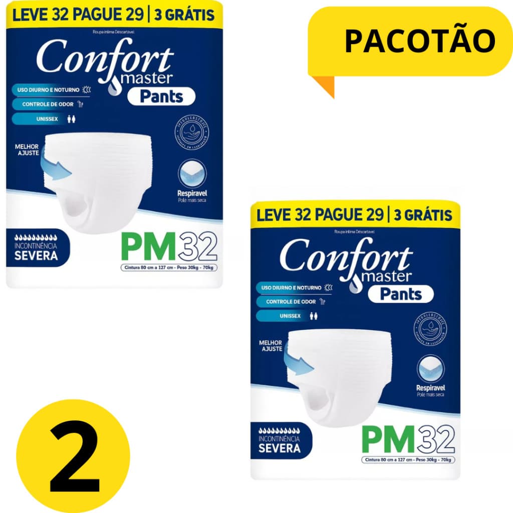 KIT  2 Pcts Fralda Geriatrica PACOTÃO Confort Master 64  Unidades Total Incontinecia SEVERA