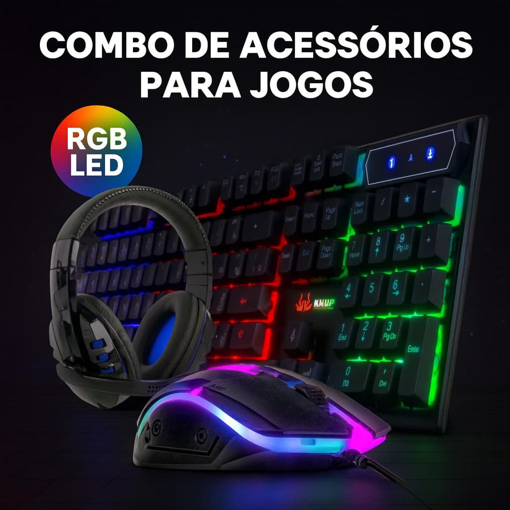 Kit Gamer 3 em 1 - Teclado RGB, Mouse com LED e Headset com Microfone para Jogos no PC e Notebook
