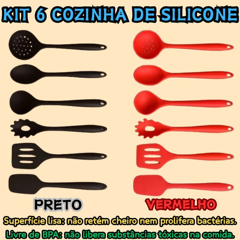 Kit 6 Peças De Silicone Espátula Para Cozinha Concha Escumadeira Colher Vazada Vermelho Ou Preto