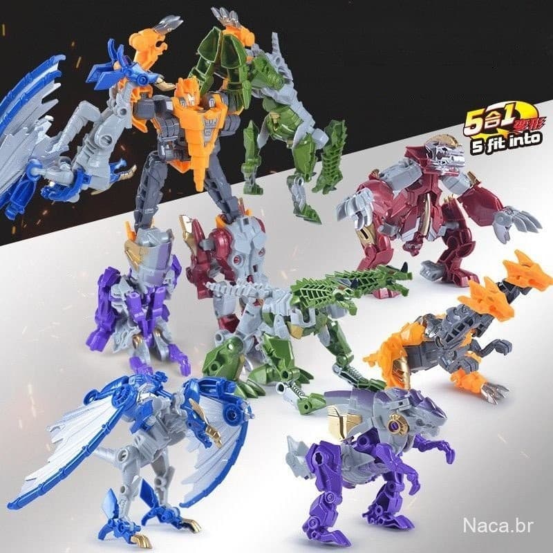 Brinquedos de Dinossauro Transformáveis para Crianças, Robô de Montagem 5 em 1, Modelo Mecha Combinado de Tiranossauro R