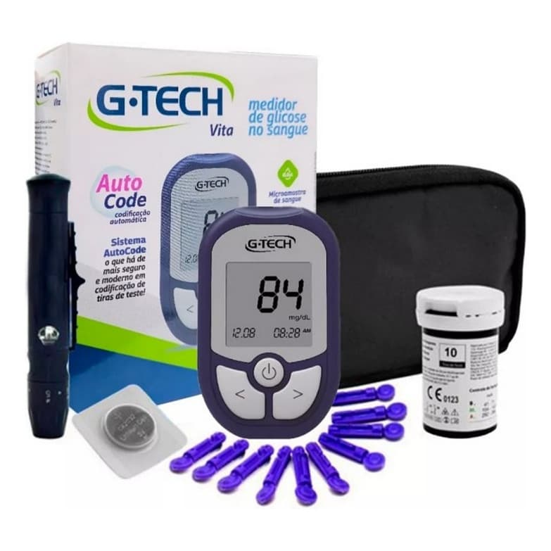 Medidor Glicose Diabete Gtech Vita / Ultra Kit Com 1 Aparelho 1 Caneta 10 Tiras 10 Lancetas Completo