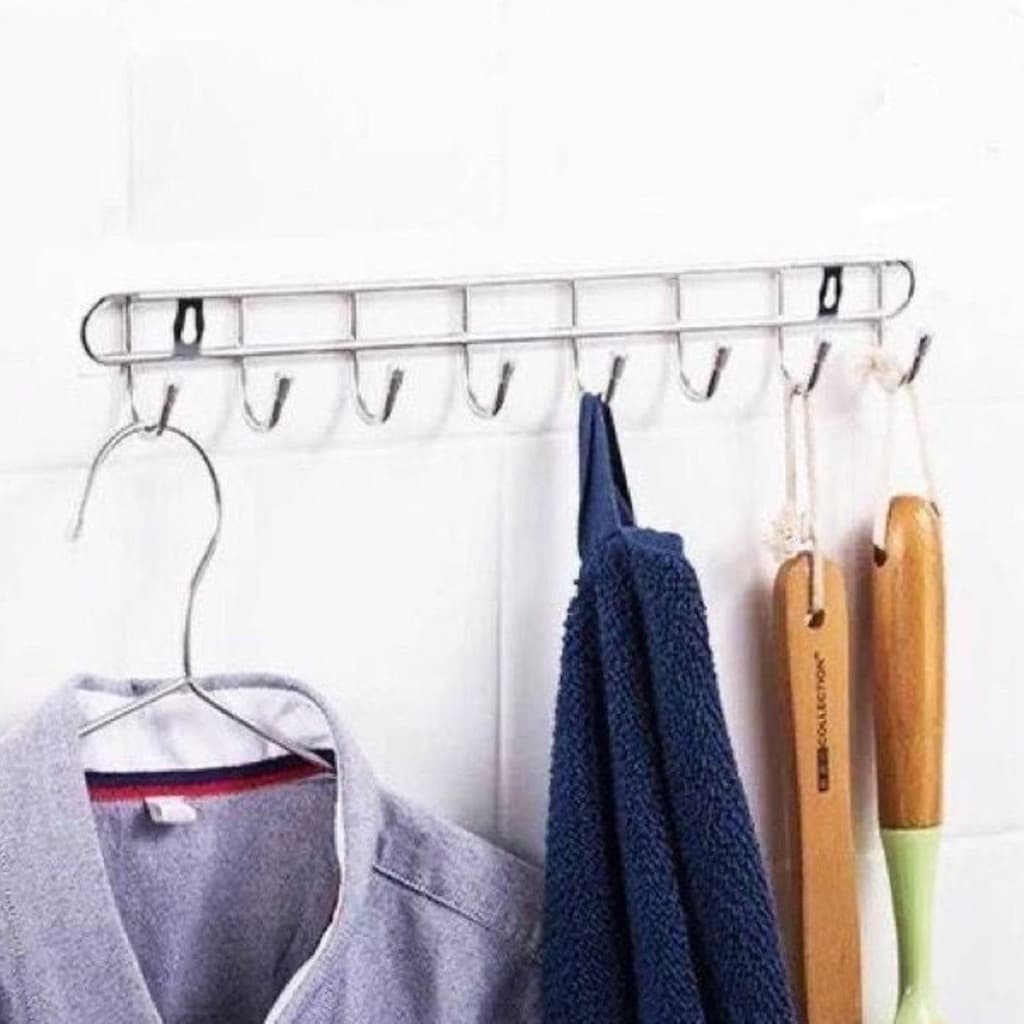 Suporte Cabideiro Com 8 Ganchos Gancho de Parede Multiuso 47X4,5CM Em Metal Inox Suporta até 5kg
