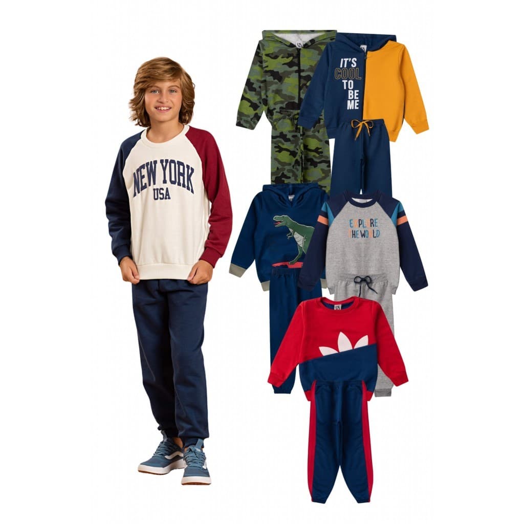 Kit Sortido 10 Peças de Roupas Infantis Masculino Inverno - 5 Casacos + 5 Calças