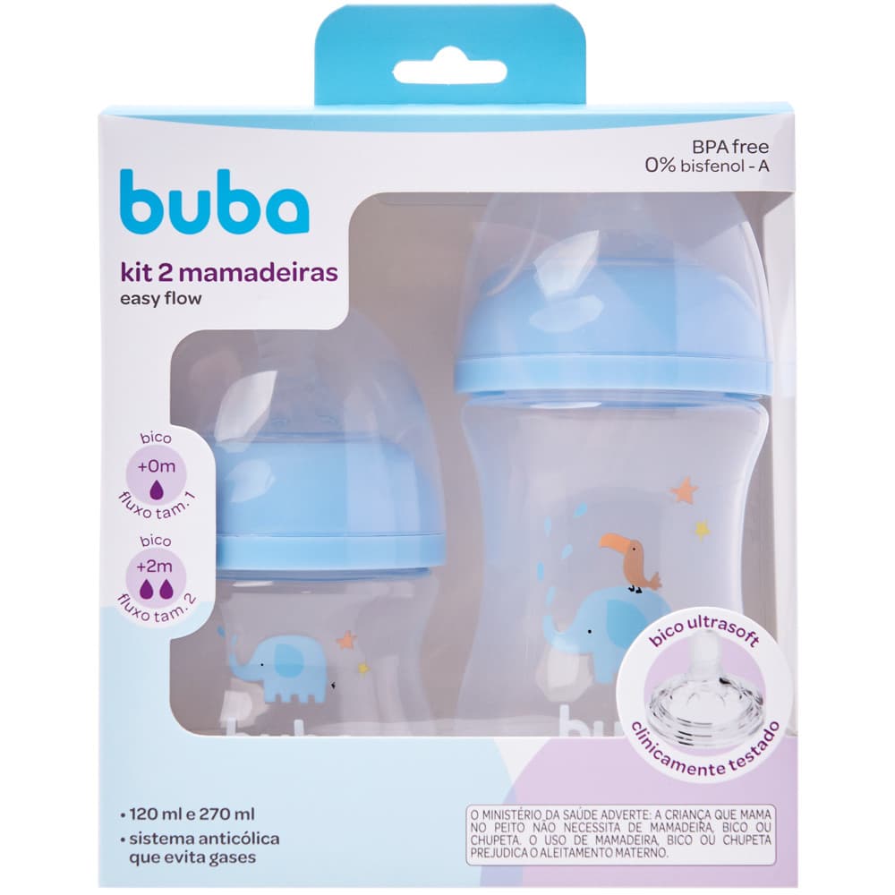 Kit 2 Mamadeiras Buba Easy Flow Anticólica 120ml E 270ml Elefante Azul