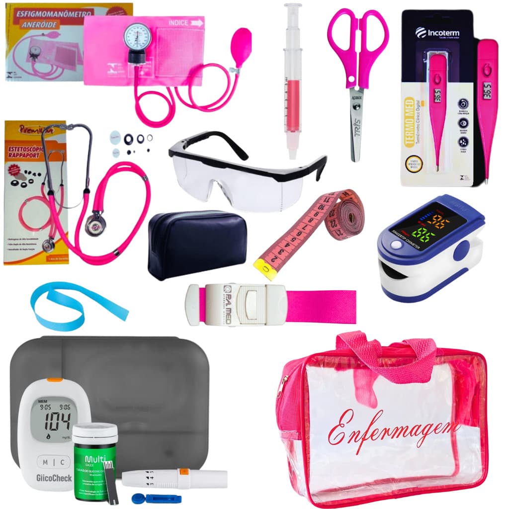 Kit Enfermagem Aparelho de Pressão + Estetoscópio Completo + Oximetro + Glicossimetro + Nécessaire