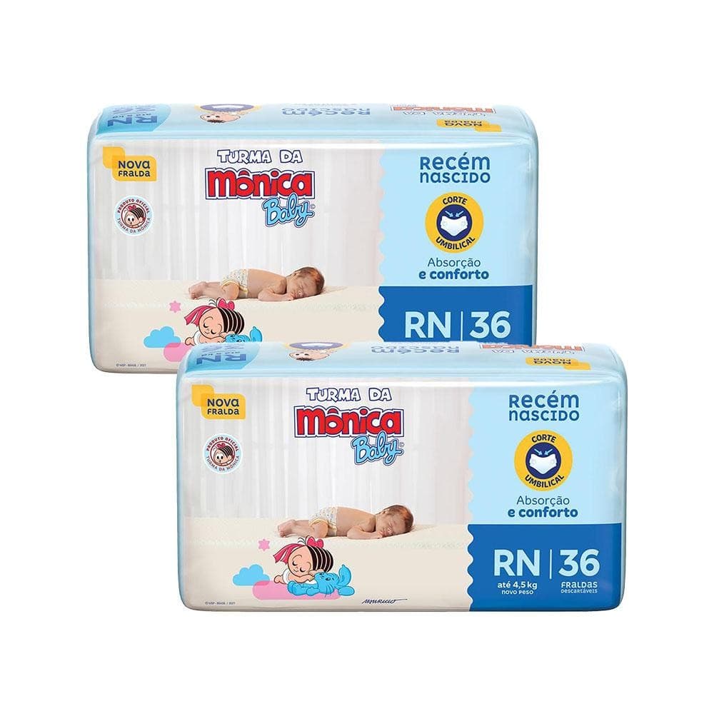 Kit 2 Fraldas Turma da Mônica Baby Jumbo RN com 36un cada