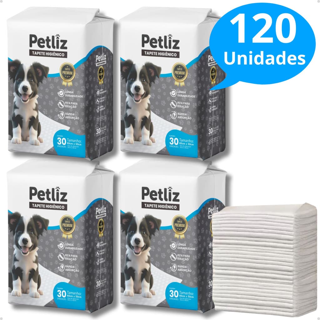 Kit 4 Tapete Higiênico Alta Absorção para Cachorro 60 x 50 cm - 30 unidades - Petliz