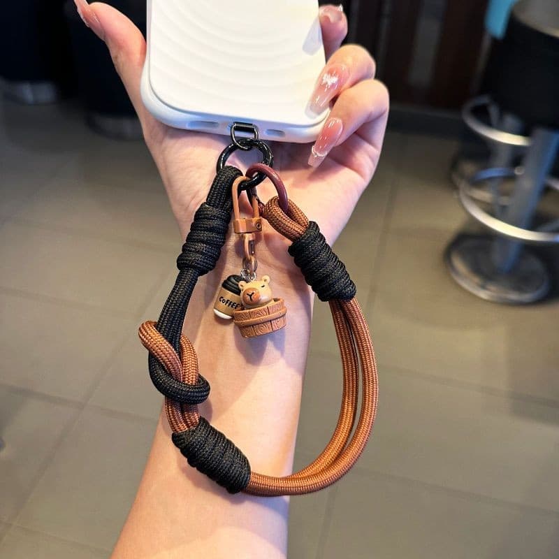 Correia curta marrom preta para celular desenho animado Kapibara cordão para celular alça de pulso removível para celula