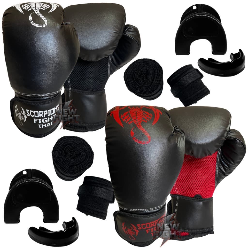 Duas Luvas de Muay Thai + Dois Protetores Bucais + Dois pares de Bandagem