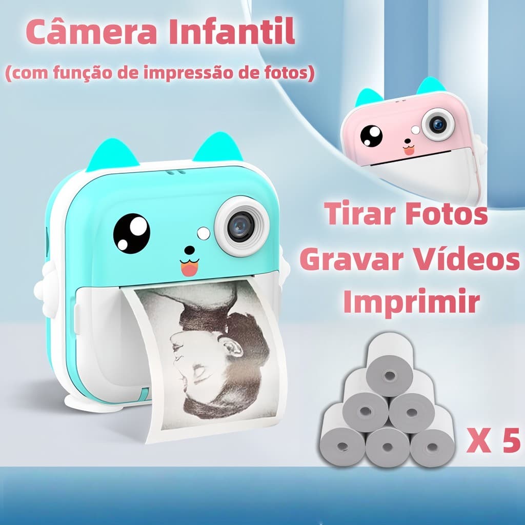 Câmera Infantil com Impressão Imediata Vídeo Fotografia Digital, Brinquedo e Mini Impressora Térmica