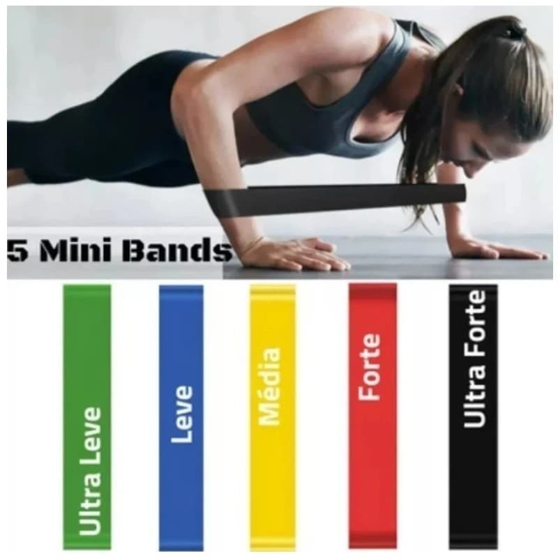 Kit Mini Band 5 Faixas Elásticas de Tensão Muscular  para Treino