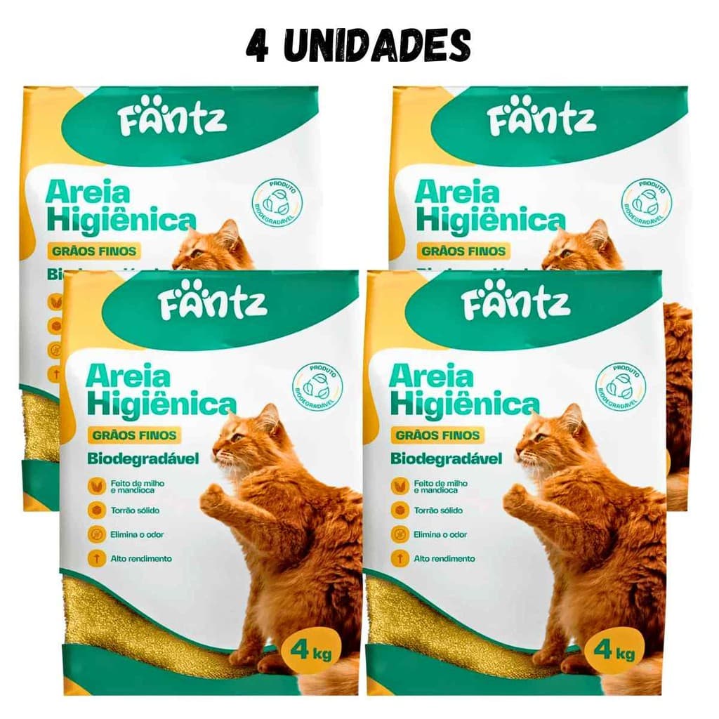 Areia Higienica Natural Fantz Grãos Finos 4kg combo C/4