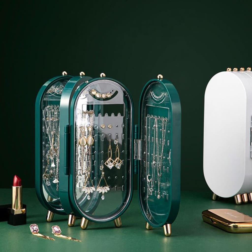 Porta Joias com Espelho Bijuterias Dobrável Compacto Com Espelho Organizador Colares Brincos Anéis