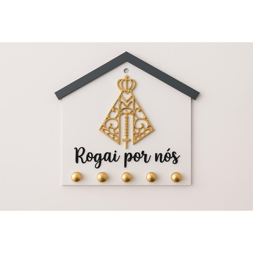 Porta Chaves Decorativo Nossa Senhora Rogai por nós_ ACM e acrilíco_Branco e Dourado