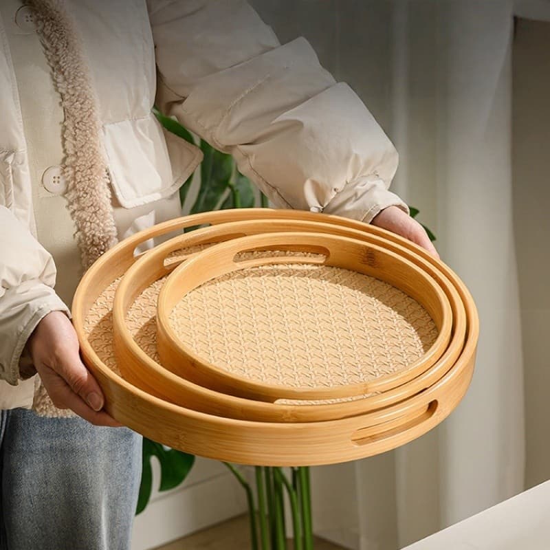 Bandeja Redonda de Bambu Japonesa para Xícaras, Sobremesas e Frutas