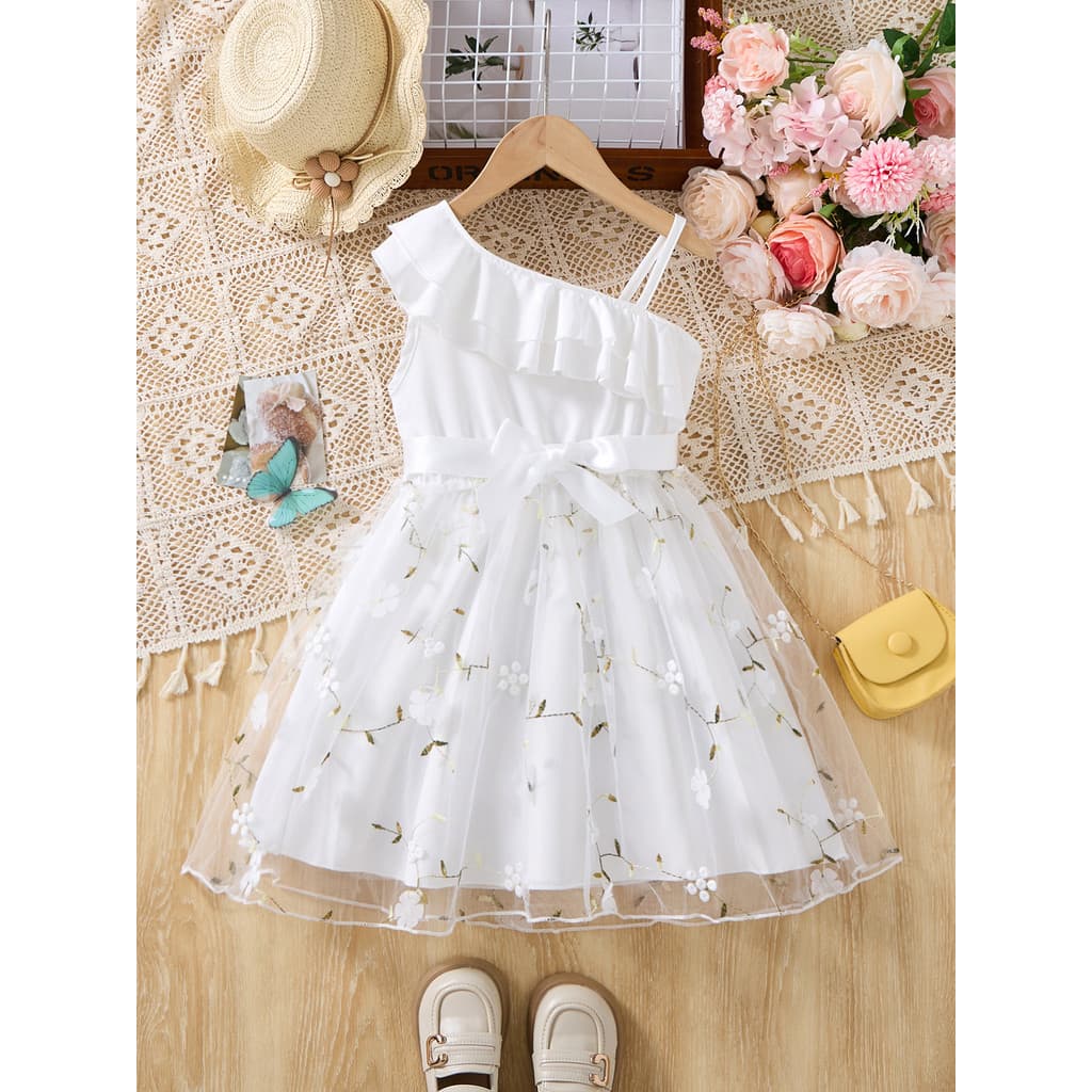 Vestido Infantil Regata Meninas 2-7 Anos Renda Flores Bordado 3D c Cinto Decorativo