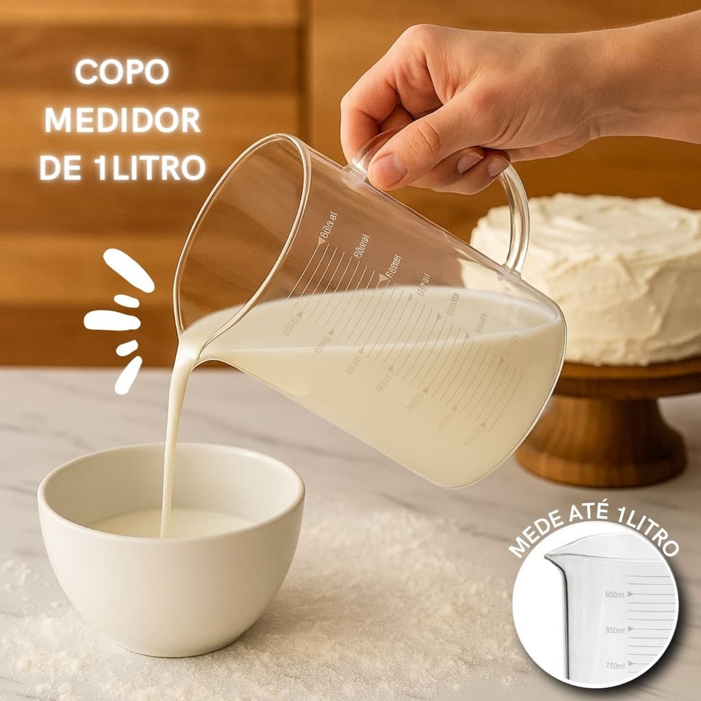 Jarra Copo Medidor 1 Litro Vidro receitas Mistura Copo Alto