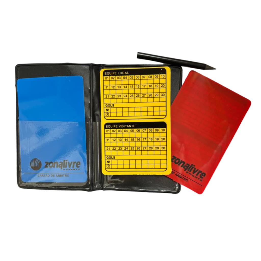 Cartão de Árbitro Zona Livre C/Capa e Lápis Azul, Amarelo e Vermelho