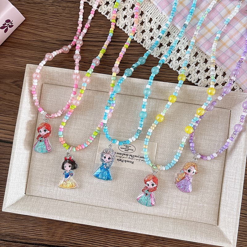 Crianças Princesa Glitter Frisado Colar Personagem Dos Desenhos Animados Pingente Jóias Para Meninas