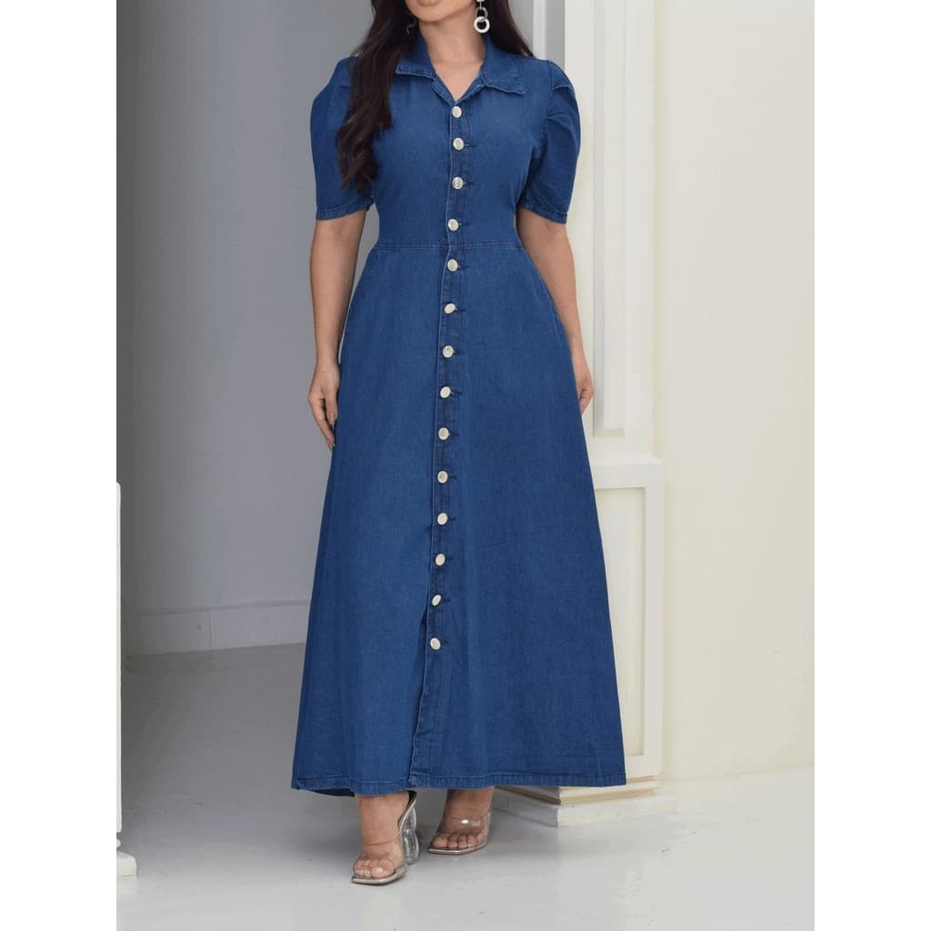 Coolestfeminina 928 vestido jeans feminina longa manga bufante escuro 928