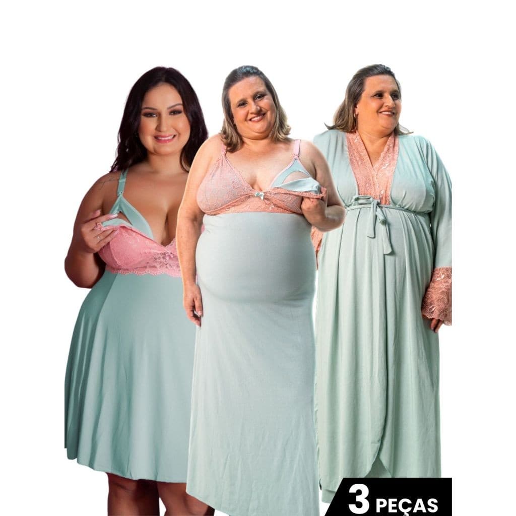 Kit Camisola Plus Size Amamentação Longa, Curta e Robe Longo Gestante Pós Parto Conforto Praticidade