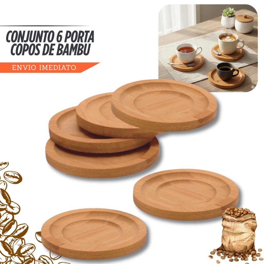 Kit Porta Copos Descanso Redondo Pires Xicara Bambu 6 Unid.