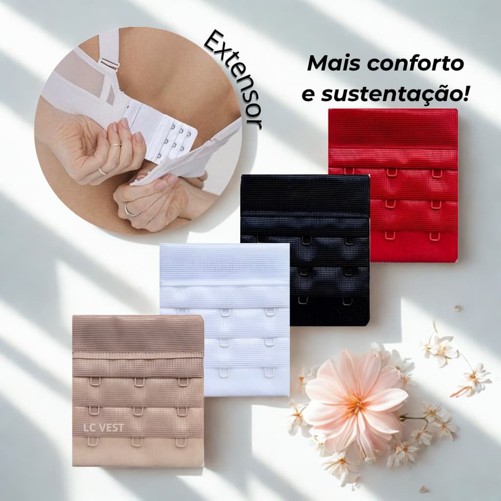 Kit Extensor Largo para Sutiã com 3 Ganchos – Várias Combinações de Cores | Ajuste Confortável e Regulável