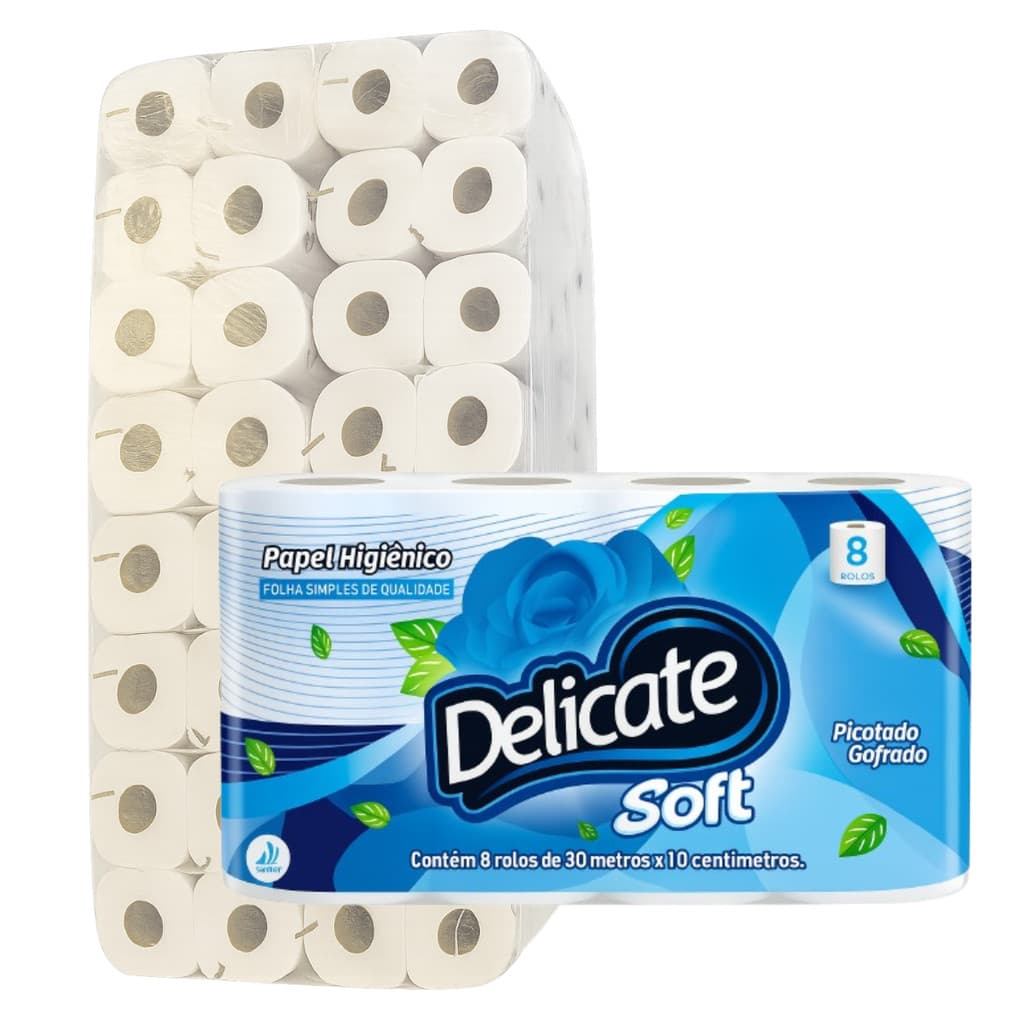 Fardo Papel Higiênico 8 Rolos Delicate Soft 30mts 64 Rolos