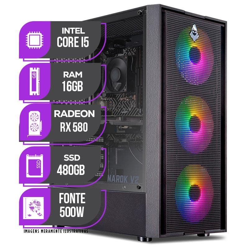 PC Gamer Mancer, Intel i5 8ª Geração, RX 580 8GB, 16GB DDR4, SSD 480GB, Fonte 500W 80 Plus
