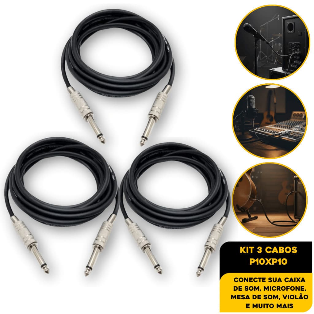 Kit 3 Cabo P10xP10 Mono Guitarra Violão Baixo Cavaquinho Caixa Som Amplificador Premium