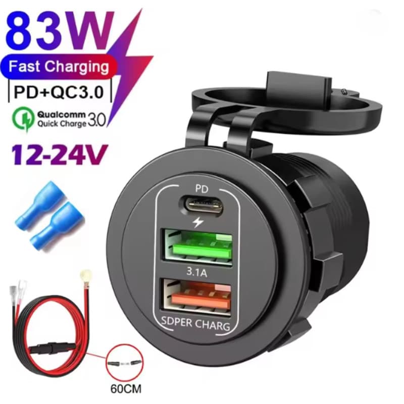 Tomada Para Carregador De Carro , Tipo Duplo C E USB , 3 Portas , De Carregamento Rápido , Voltímetro À Prova D'água , 1