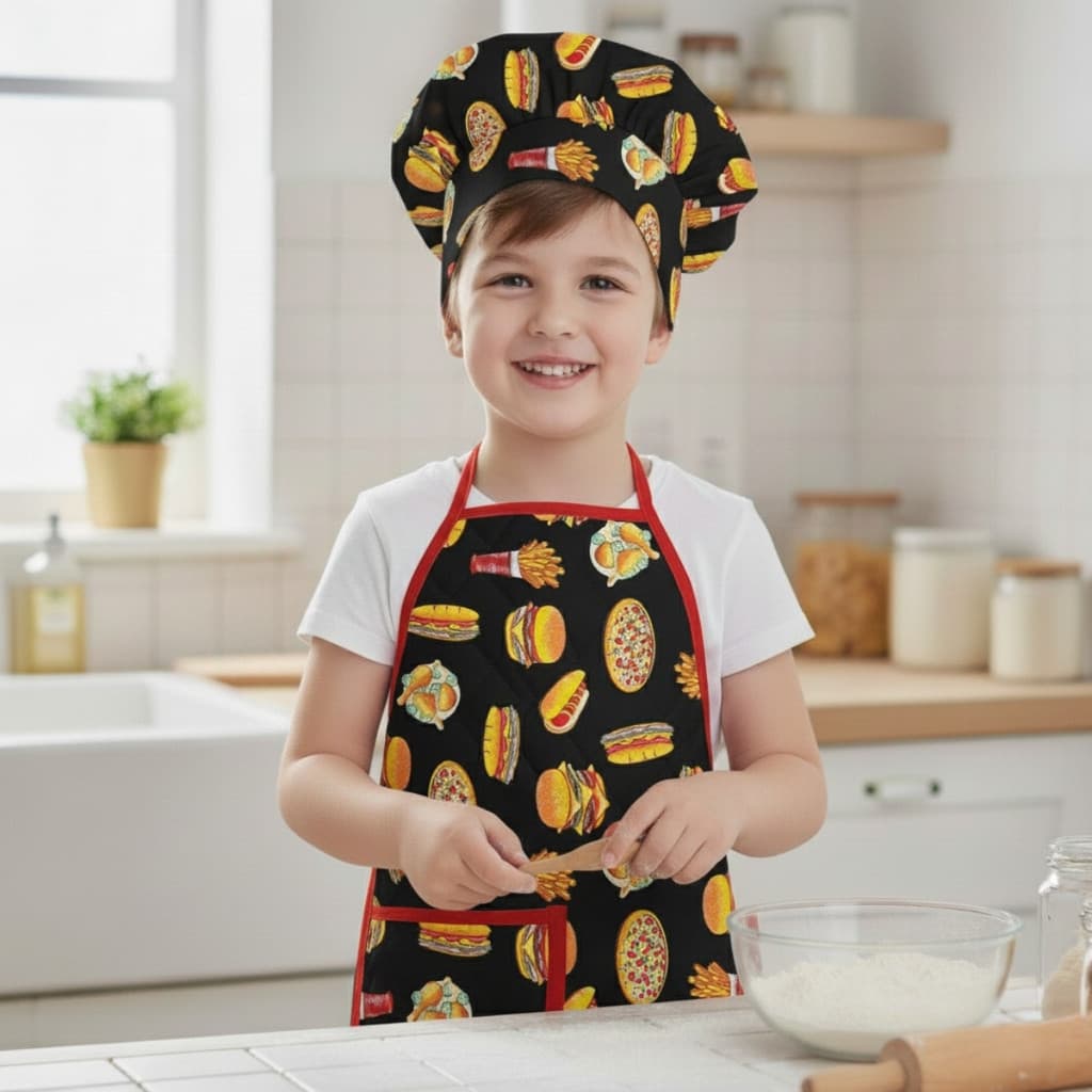 Kit Avental Infantil de Cozinha Estampado Kids com Chapéu